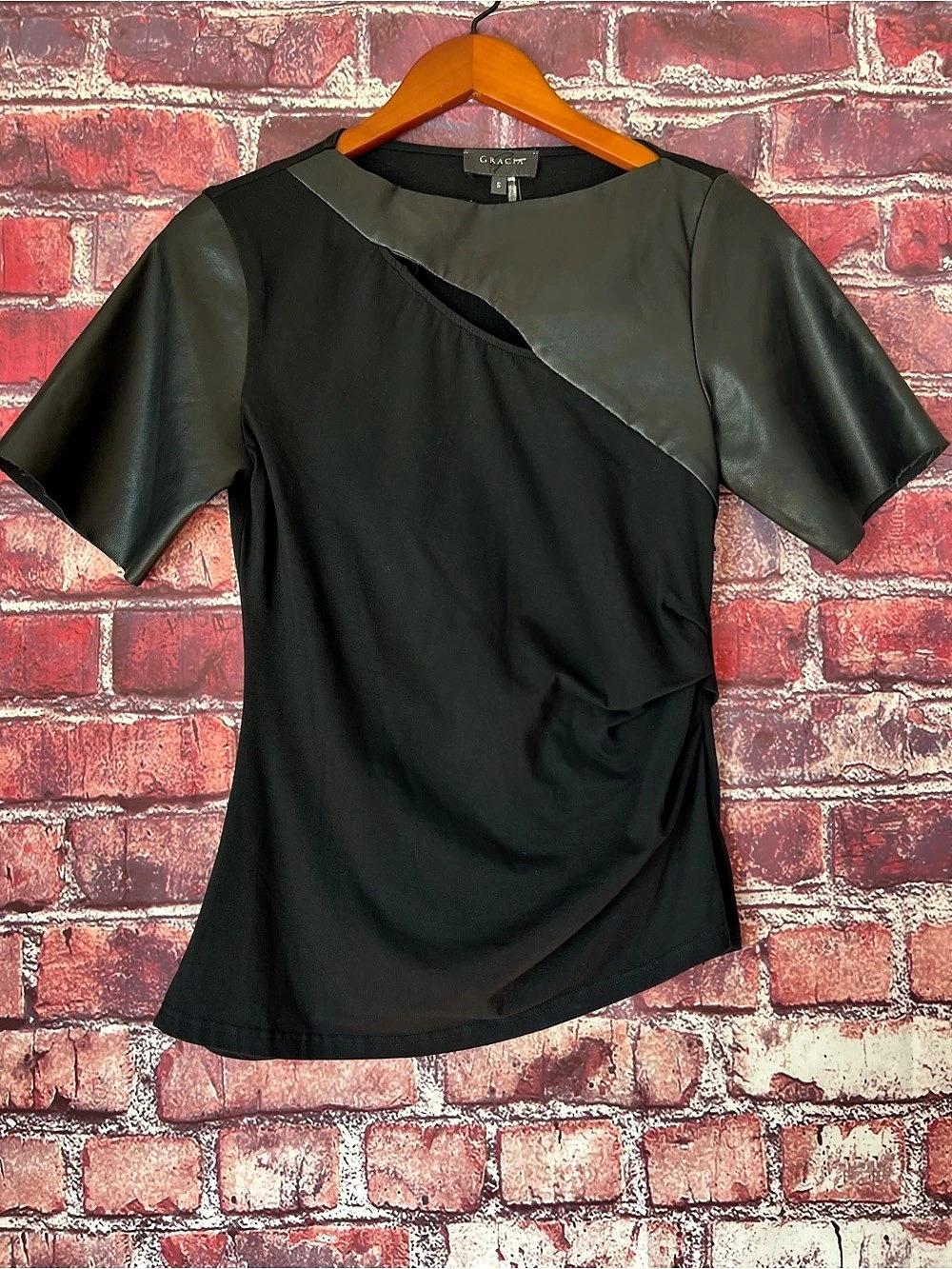 Gracia Faux Leather Trim Cutout Ruched Asymmetric Top Black Small